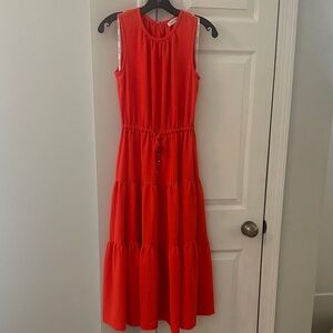Calvin Klein Sleeveless Tea Length Bright Orange/ Red Midi Dress
